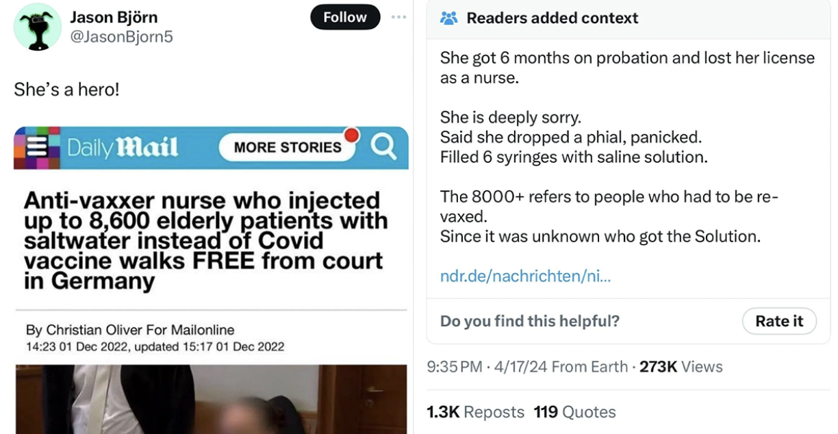 screenshot - Jason Bjrn She's a hero! Daily Mail More Stories Q Antivaxxer nurse who injected up to 8,600 elderly patients with saltwater instead of Covid vaccine walks Free from court in Germany By Christian Oliver For Mailonline , updated Readers added 